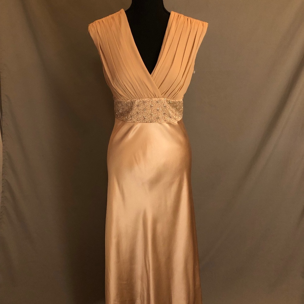 Gold Satin V-Neck Floor Length Formal Dress